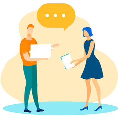 Diverse Office Workers Have Dialog. Man and Woman Talk and Discuss Project Results, Hard Task. Cartoon People Character in Conversation. Colleagues Business Meeting, Workflow. Vector Flat Illustration