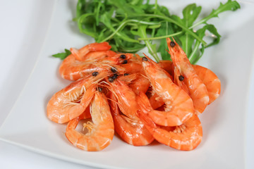 assiette de crevettes roses et salade roquette