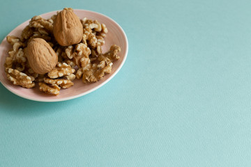 Walnuts on dish with mint green background