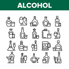 Alcohol Drink Bottles Collection Icons Set Vector. Tequila And Cognac, Vodka And Beer, Whiskey And Champagne Alcohol Beverage Concept Linear Pictograms. Monochrome Contour Illustrations