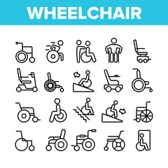 Wheelchair For Invalid Collection Icons Set Vector. Manual And Electric Wheelchair For Handicapped, Ramp And Lift For Wheel Chair Concept Linear Pictograms. Monochrome Contour Illustrations