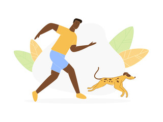 Young Dark Skinned Man Walking with Playful Dog, Character Jogging with Home Pet, Morning Running Exercising, Domestic Animals Recreation, Sparetime Outdoors, Friends Cartoon Flat Vector Illustration