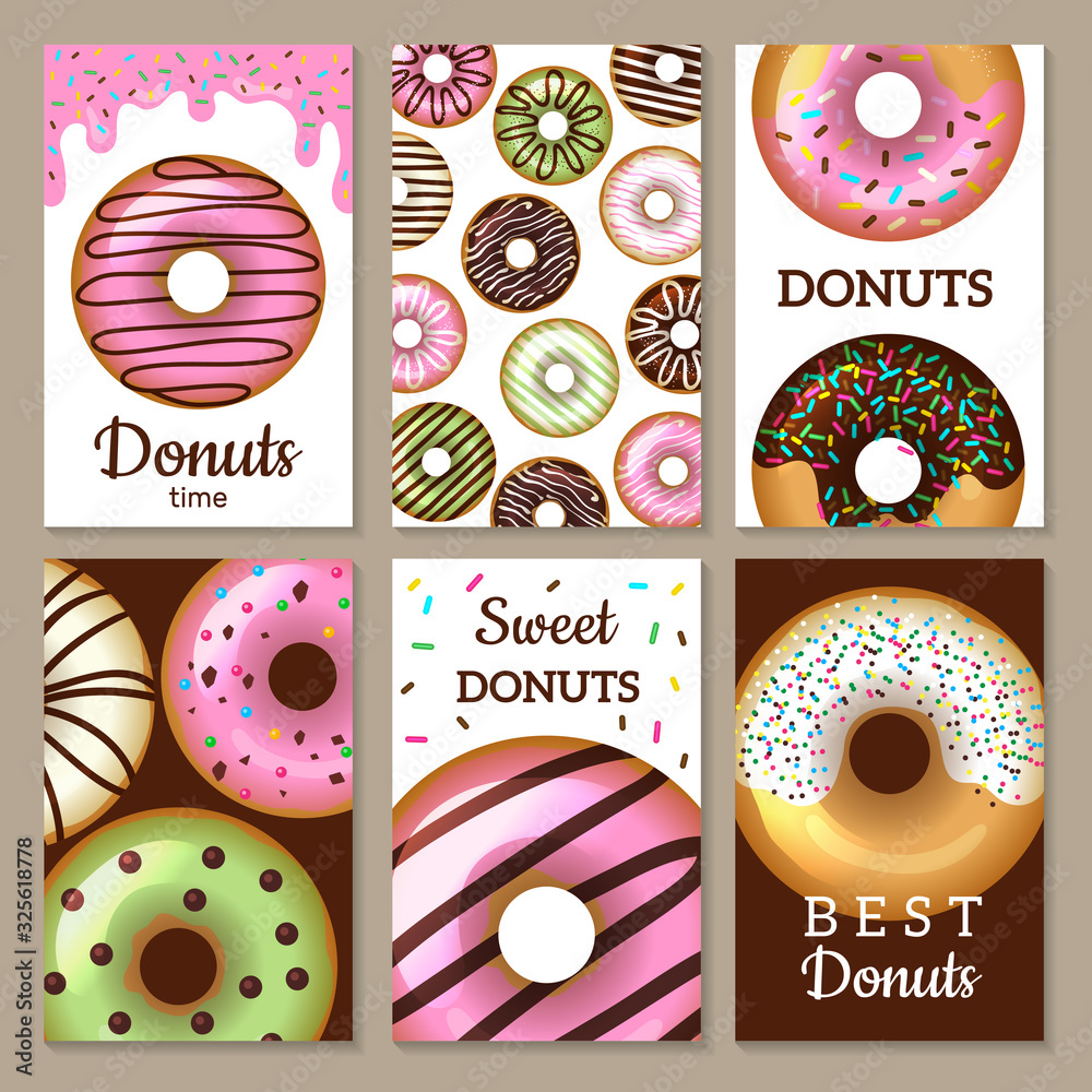 Poster Donuts cards design. Sweets colored backgrounds with glazed round cakes food textured templates vector. Illustration cake donut, glazed bake dessert