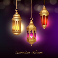 Islamic lamps background. Heritage arabic lanterns with beautiful glow effect religion ramadan concept vector illustration. Muslim lamp, arabian holiday arabesque
