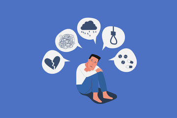 sad young man in depression sitting on knees, boy with broken heart, confused, rainy cloud, hanging rope and drugs on mind, mental health concept, cartoon male character vector flat illustration - obrazy, fototapety, plakaty