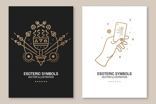 Gold esoteric symbols. Vector. Thin line geometric badge. Outline icon for alchemy or sacred geometry. Mystic and magic design with hand, cup with snakes and and moon
