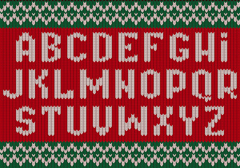 Knitted font. Christmas alphabet for party sweater letters of fabric clothes ethnic textured vector. Typography alphabet sweater, fabric letter texture illustration