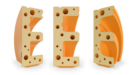Capital letter E. Uppercase. Set of three view points on white. 3D