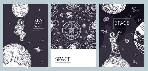 Set of space banners. An astronaut stands on a stepladder and draws stars.