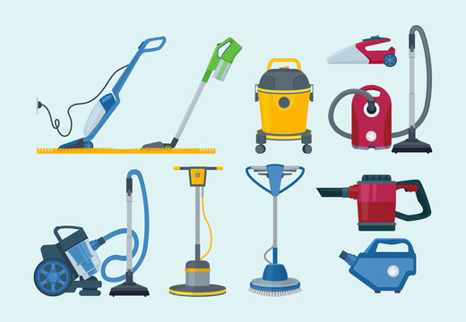 Cleaning equipment. Electrical vacuum cleaner professional supplies household service vector collection pictures. Electric vacuum cleaning, appliance domestic, household device equipment illustration