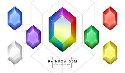 Fototapeta premium Set of rainbow color fantasy jewelry gems, polygon shape stone for game.