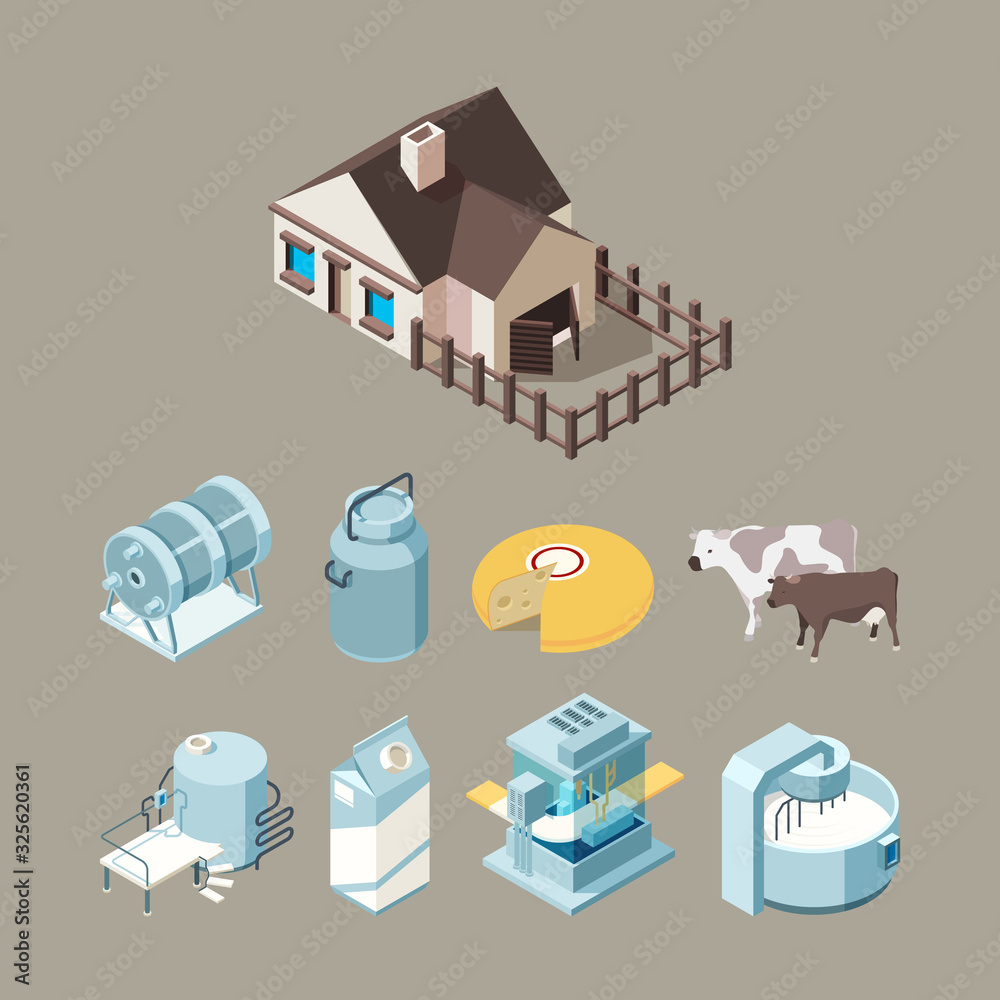 Canvas Prints Milk food factory. Dairy healthy farm products cheese milk yogurt production technology vector isometric. Illustration industry farm factory milk and dairy fresh