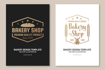 Set of Bakery shop badge. Vector Concept for badge, shirt, label, print, stamp, tee. Design with windmill, rolling pin, dough, wheat ears silhouette. For restaurant identity objects, packaging, menu