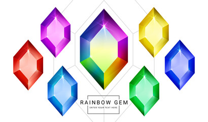 Set of rainbow color fantasy jewelry gems, polygon shape stone for game.