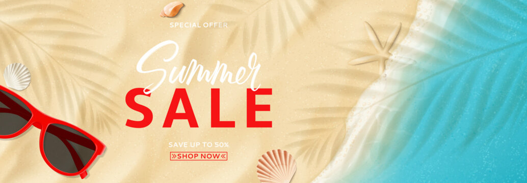 Summer Sale Ads Banner. Top View On Sea Beach With Soft Waves. Vector Illustration With Plant's Shadows. Beautiful Background With Seashells And Red Sun Glasses. Seasonal Discount Offer.