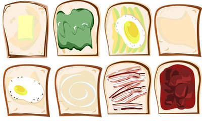 Toasted bread with various delicious toppers ,Breakfast cartoon , vector top view