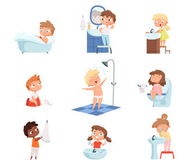 Washing kids. Brushing teeth toilet hygiene soap for childrens daily routine vector set. Illustration morning bathing children, hygiene daily