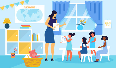 Children Learning Drawing Flat Vector Illustration. Kindergarten Teacher, Nanny and Preschool Kids Cartoon Characters. Primary School, Playschool. Girl Showing Female Educator, Babysitter Picture