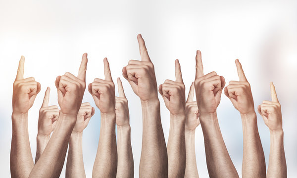 Row of man hands showing finger pointing gesture
