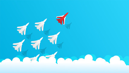 Obraz premium Red jet airplane leading white jets in form of arrow shape flying from clouds on blue sky.Drawing art style of business teamwork creative concept idea.Vector illustration