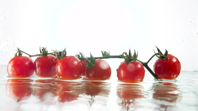 Closeup slow motion video of fresh cheery omato branch falling in water and splashing. Concept of healthy nutrition and organic food. Perfect background for vegetarian or vegan
