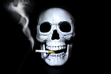 Human skull with a smoking cigarette in his mouth on a black background. Symbol of the dangers of smoking.