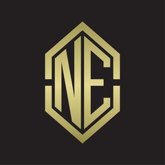 NE Logo monogram with hexagon shape and outline slice style with gold colors