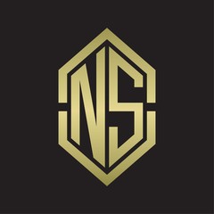 NS Logo monogram with hexagon shape and outline slice style with gold colors