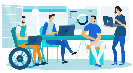 Business Analytics Creative Team Working in Office. Cartoon Male and Female Colleagues Characters Brainstorming and Analyzing Data on Laptop with Disabled Man in Wheelchair. Vector Flat Illustration
