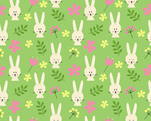 Vector illustration. Seamless pattern with cute bunnies and flowers on a green background. Spring mood, childish, funny. For decoration and textiles.