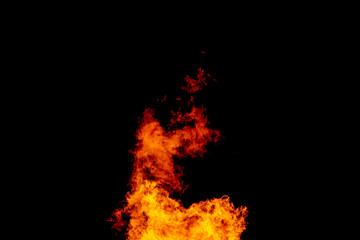 Yellow red and orange fire flames blazing fiery burning isolated on a black background