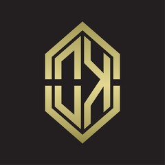 OK Logo monogram with hexagon shape and outline slice style with gold colors