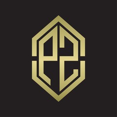 PZ Logo monogram with hexagon shape and outline slice style with gold colors