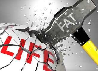 Fat and destruction of health and life - symbolized by word Fat and a hammer to show negative aspect of Fat, 3d illustration