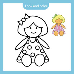 Coloring page outline of doll toy with example.
