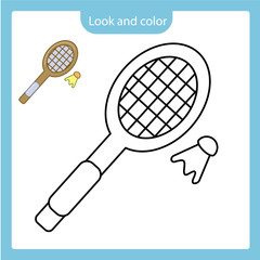 Coloring page outline of racket and shuttlecock toy with example.