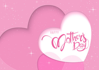 Pink Greeting Card Happy Mother's Day with Hearts in Layers and Glitter Background with Stars - Graphic Illustration, Vector