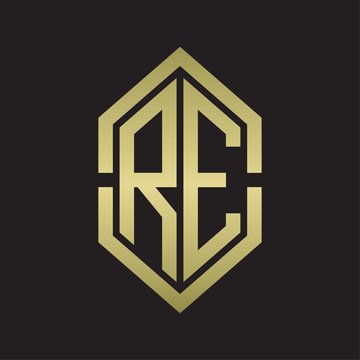 recommend clip art: RE Logo monogram with hexagon shape and outline slice style with gold colors