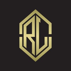 RL Logo monogram with hexagon shape and outline slice style with gold colors