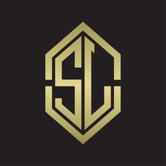 SL Logo monogram with hexagon shape and outline slice style with gold colors
