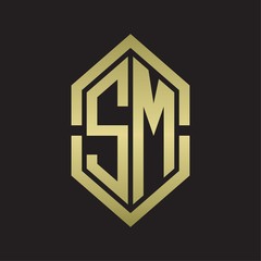 SM Logo monogram with hexagon shape and outline slice style with gold colors