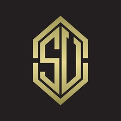 SU Logo monogram with hexagon shape and outline slice style with gold colors