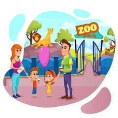 Happy Family of Mother, Father, Daughter and Son Stand at Entrance to Zoo with Lions Walking Behind of Fence, Parents and Children Weekend Pastime, Holidays Leisure Cartoon Flat Vector Illustration