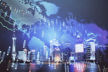 Financial graph on night city scape with tall buildings background double exposure. Analysis concept.