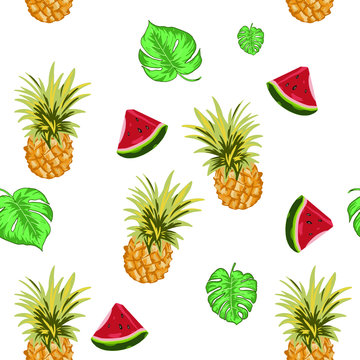 Pineapple and watermelon pattern with tropical leaves