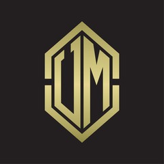UM Logo monogram with hexagon shape and outline slice style with gold colors