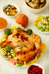 Tasty baked turkey for Thanksgiving day on table
