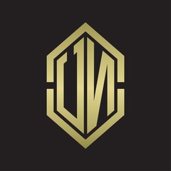 UN Logo monogram with hexagon shape and outline slice style with gold colors