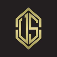 US Logo monogram with hexagon shape and outline slice style with gold colors