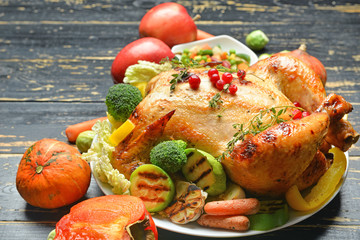 Tasty baked turkey for Thanksgiving day on dark wooden table